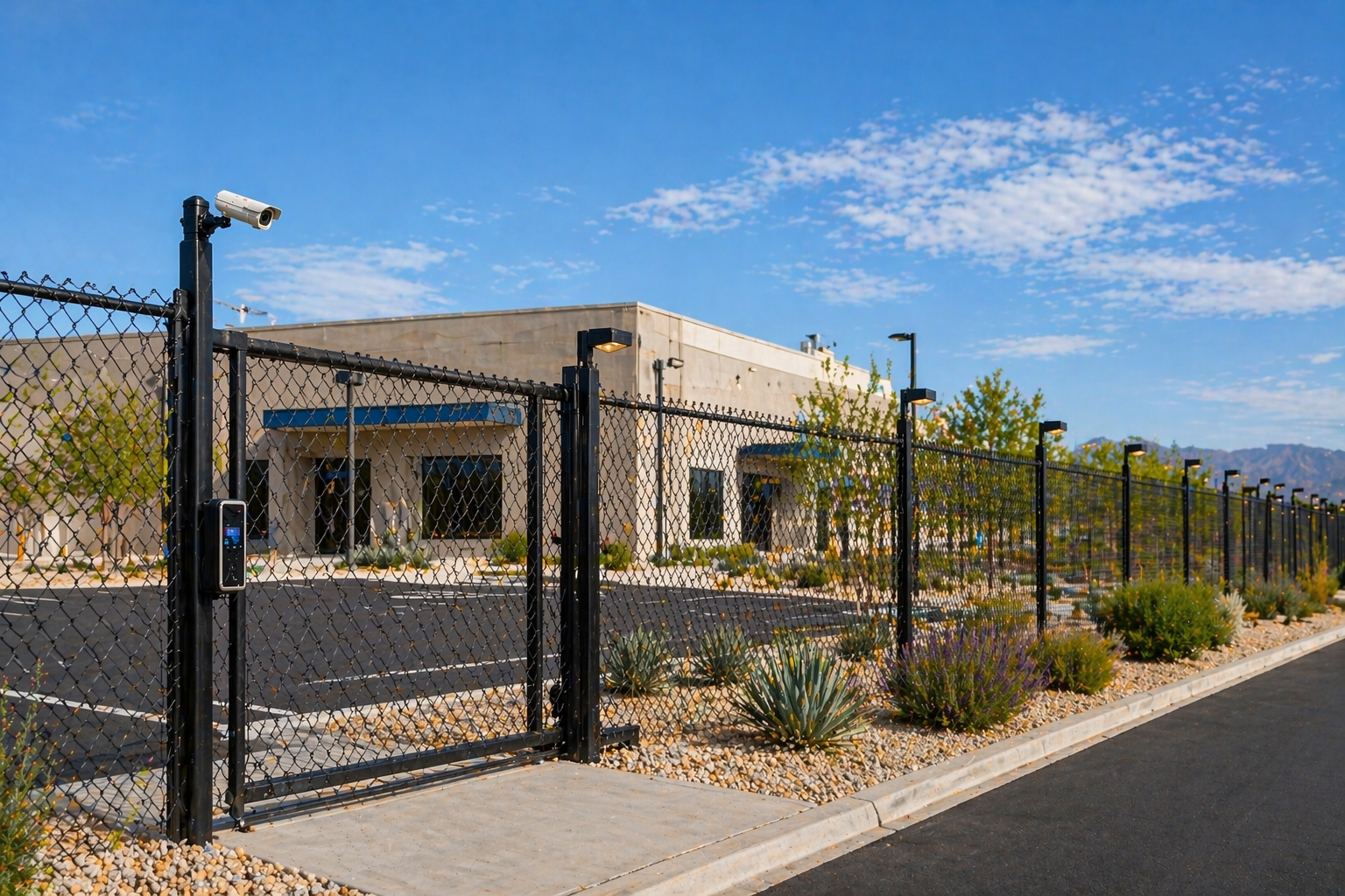 Commercial perimeter security system with fence, cameras, lighting, and keycard access protecting a business property