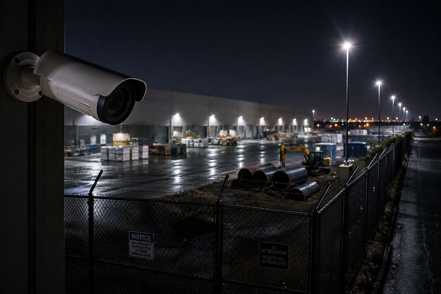A commercial security camera mounted on a fence post at night, monitoring an industrial construction and warehouse site with stacked pipes, warning signs, and chain-link perimeter fencing.