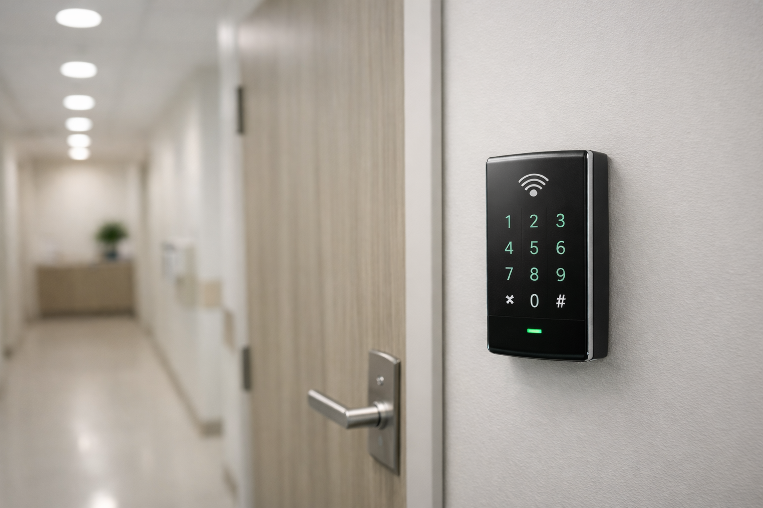 Keypad door access system installed in a clean medical clinic hallway.