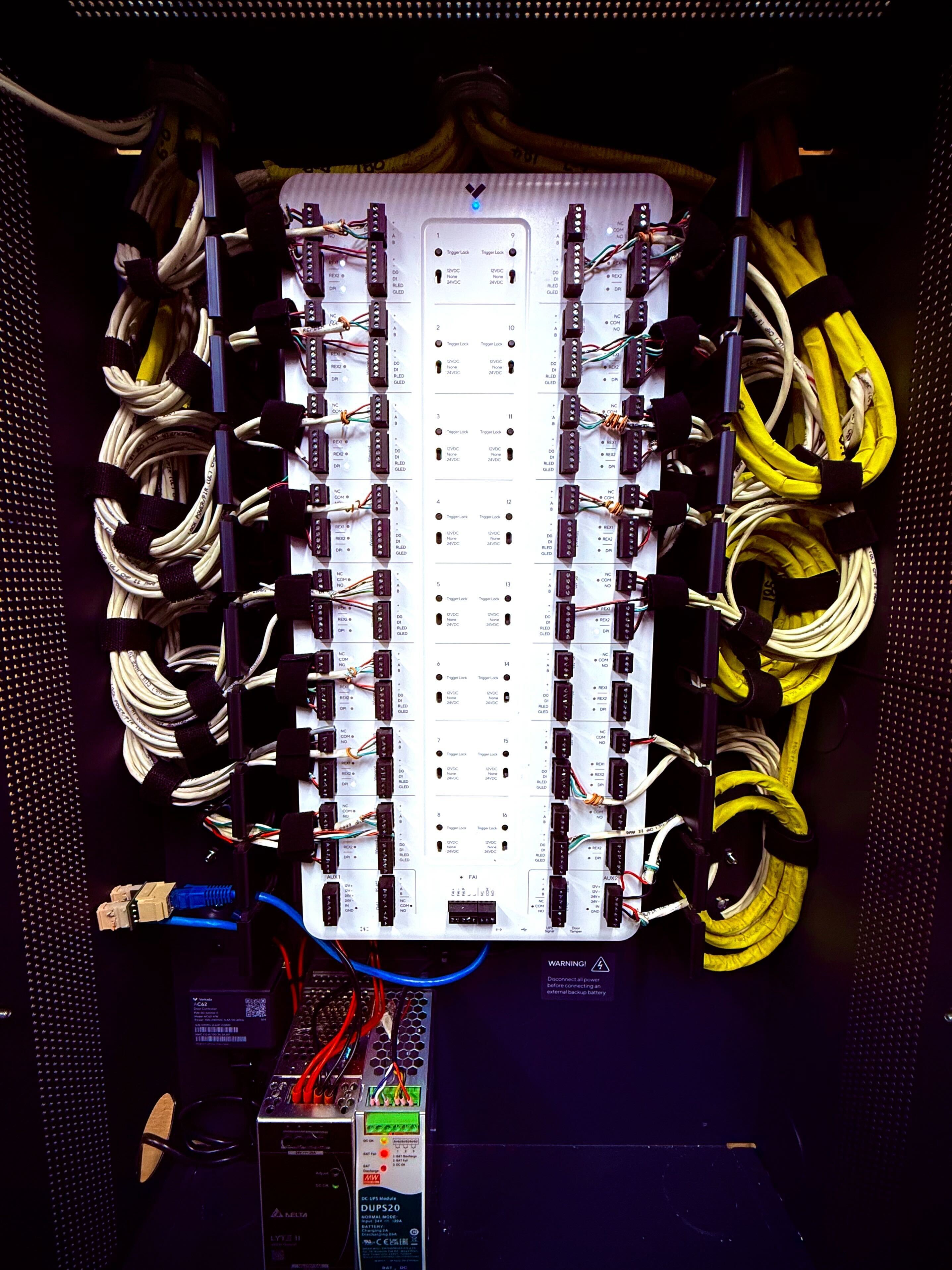 Access control panel with multiple door controllers and low-voltage wiring for commercial security system installation