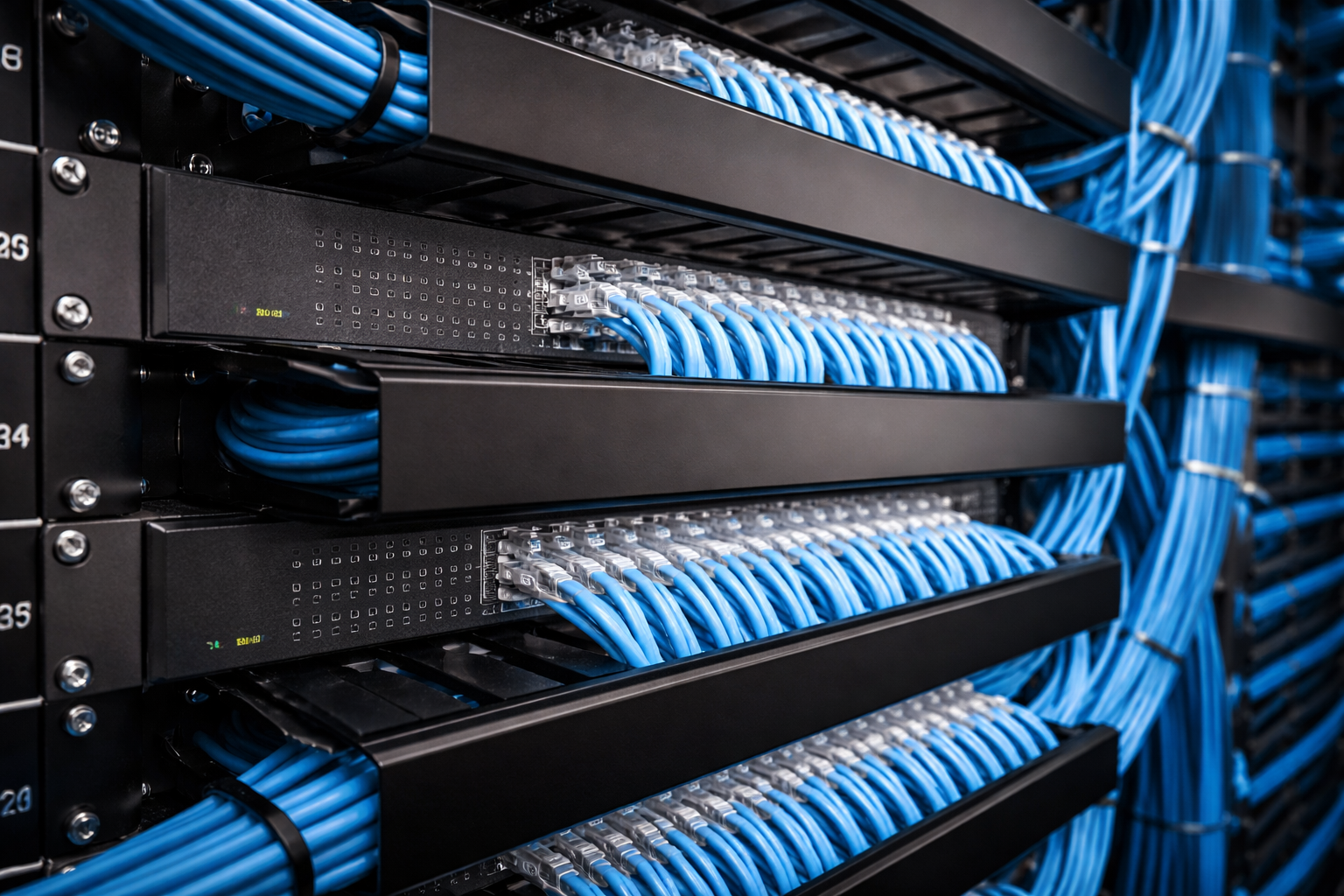 “Close-up of a server rack with multiple black patch panels and dense bundles of blue Ethernet cables neatly routed through horizontal cable management bars.