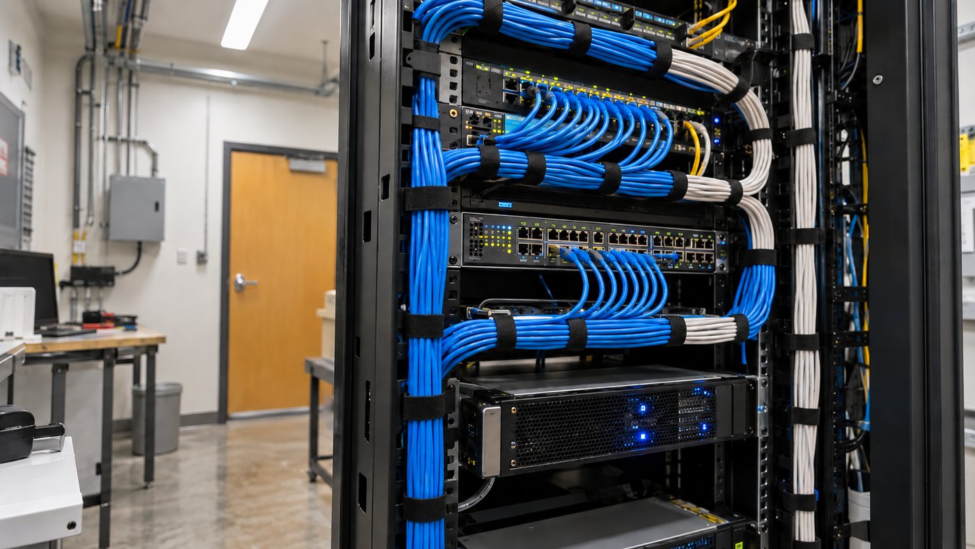 Organized low-voltage cabling and network servers in an Albuquerque business managed IT closet