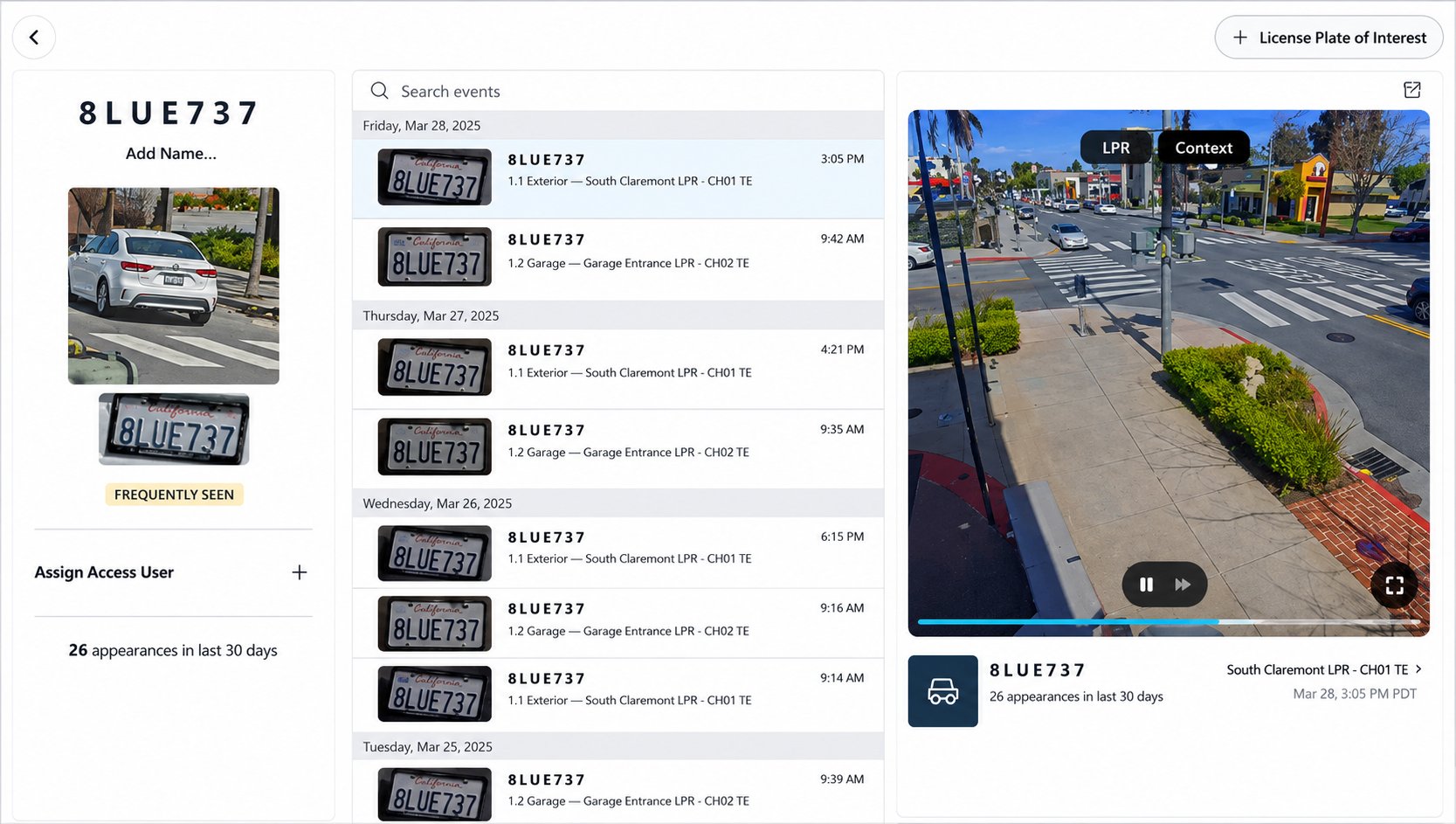 Verkada LPR dashboard showing a flagged license plate 8LUE737 tagged as frequently seen with 26 appearances, alongside sighting history and a live camera view of the vehicle.