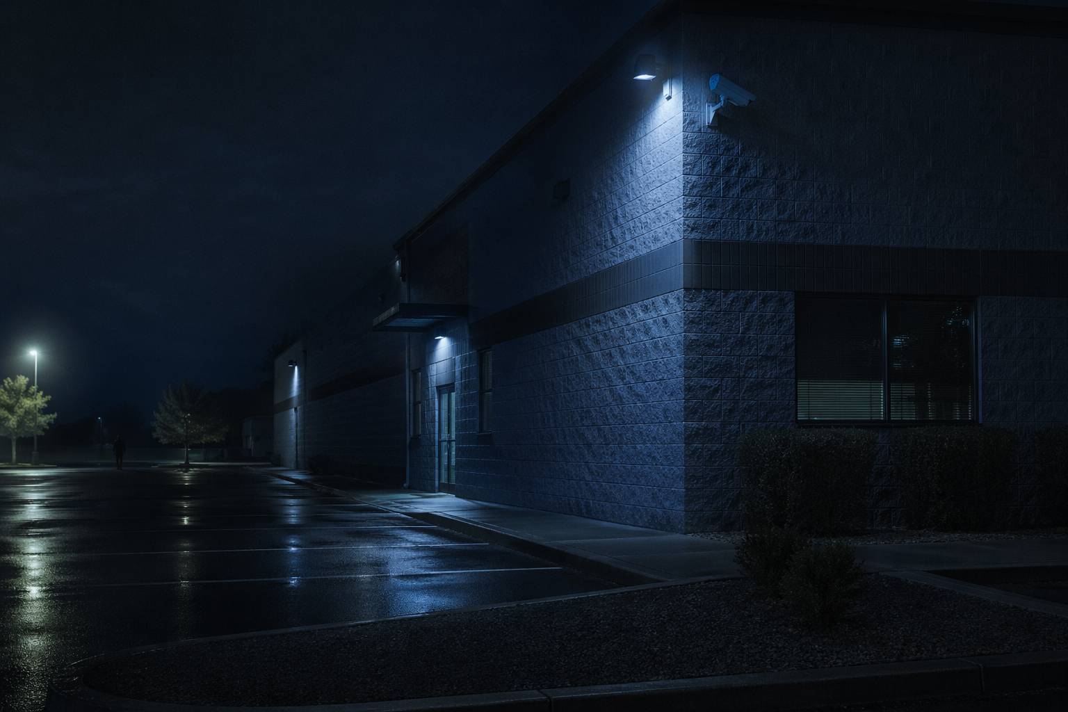 Exterior of a commercial building at night with a dimly lit parking lot and a security camera mounted on the corner