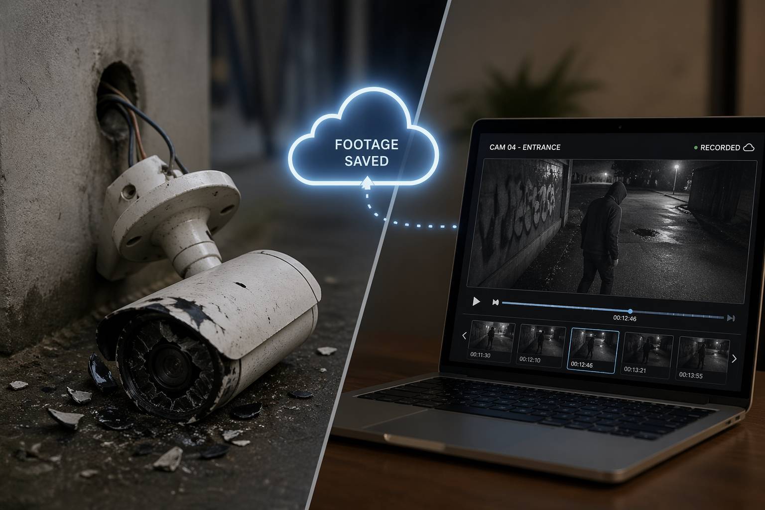 Broken security camera on ground with laptop showing recorded footage, illustrating cloud video backup and surveillance data protection