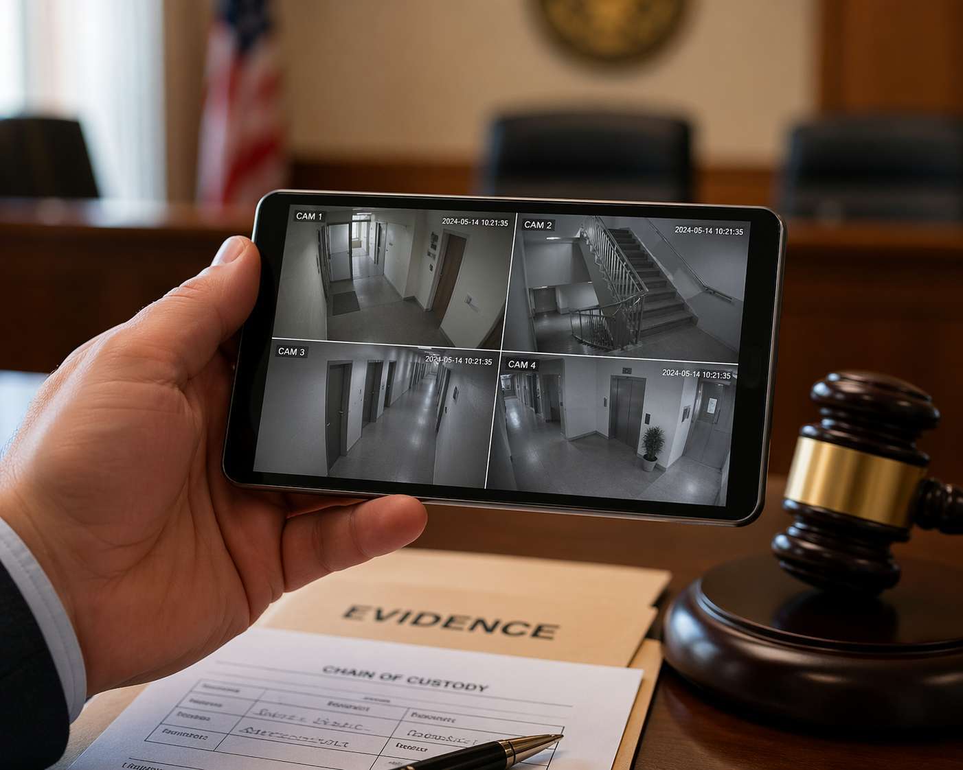 Mobile device showing surveillance camera footage as digital evidence in a courtroom with gavel and legal paperwork