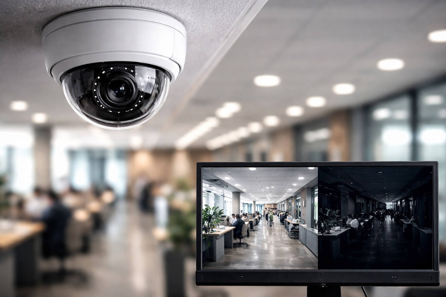 Close-up of a commercial security camera with daytime and nighttime surveillance footage on a monitor.