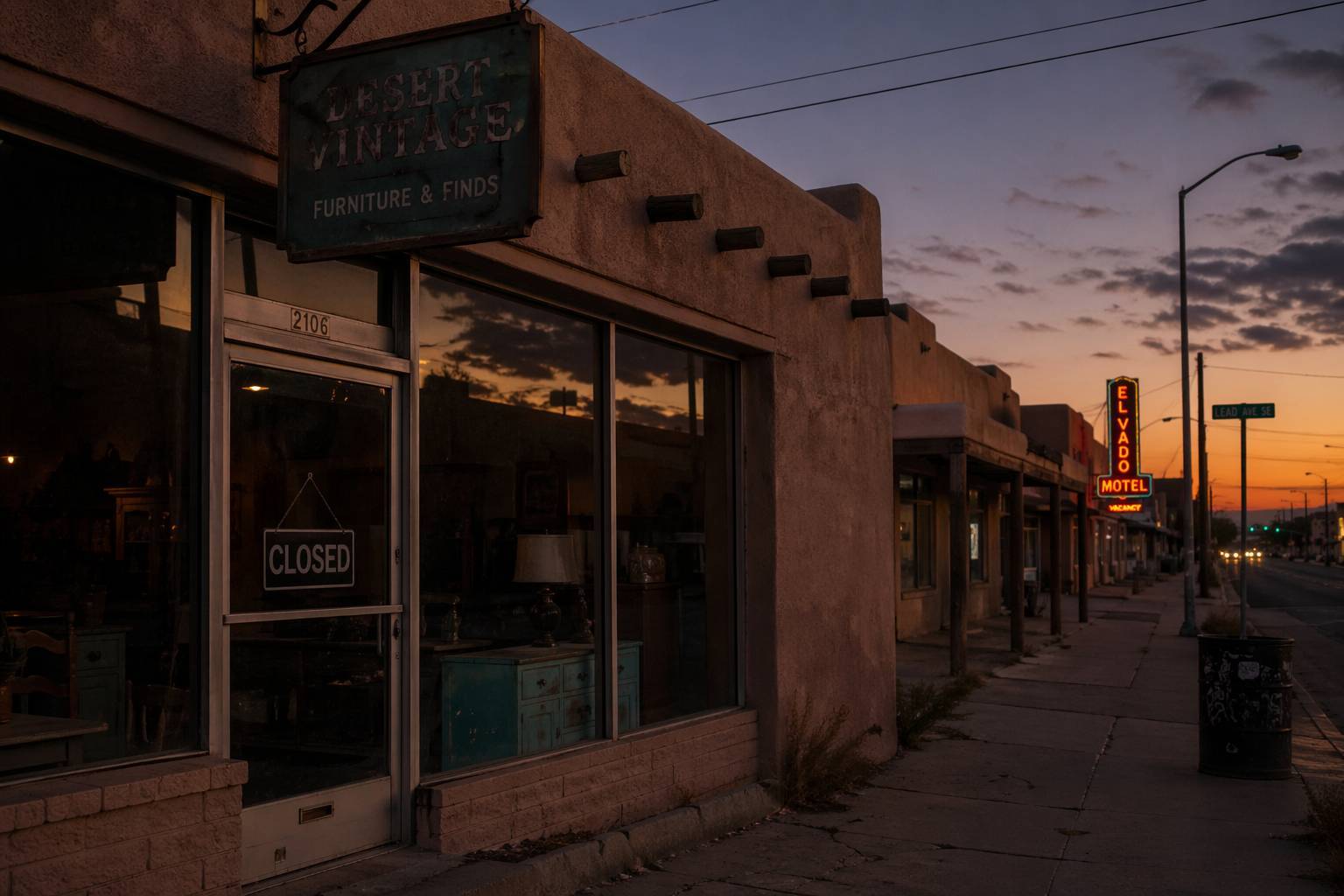Southwestern storefront at dusk in Albuquerque-style neighborhood with closed sign and glowing roadside motel sign