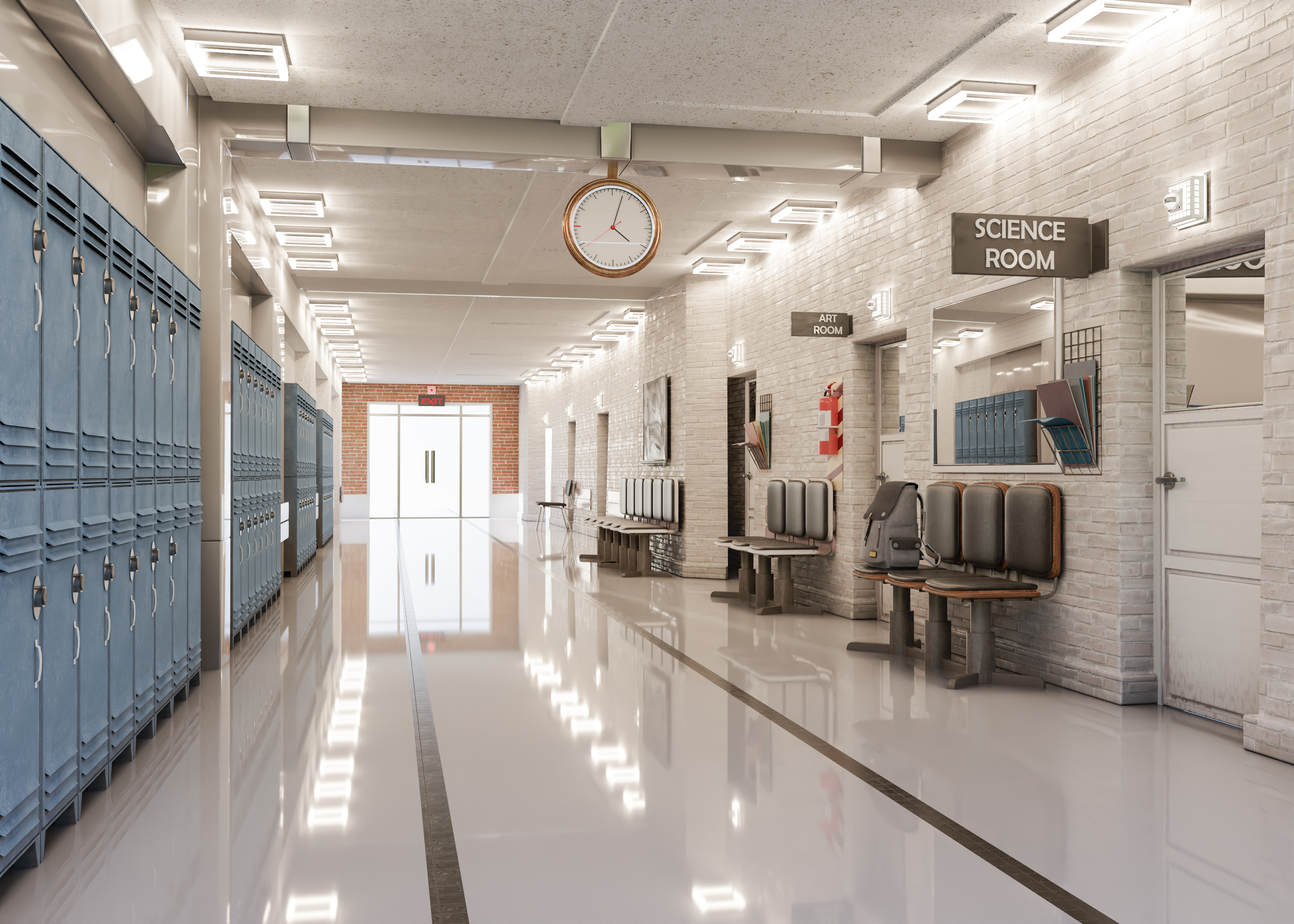 Empty high school hallway with blue lockers, a science room sign, and polished floors during class hours.
