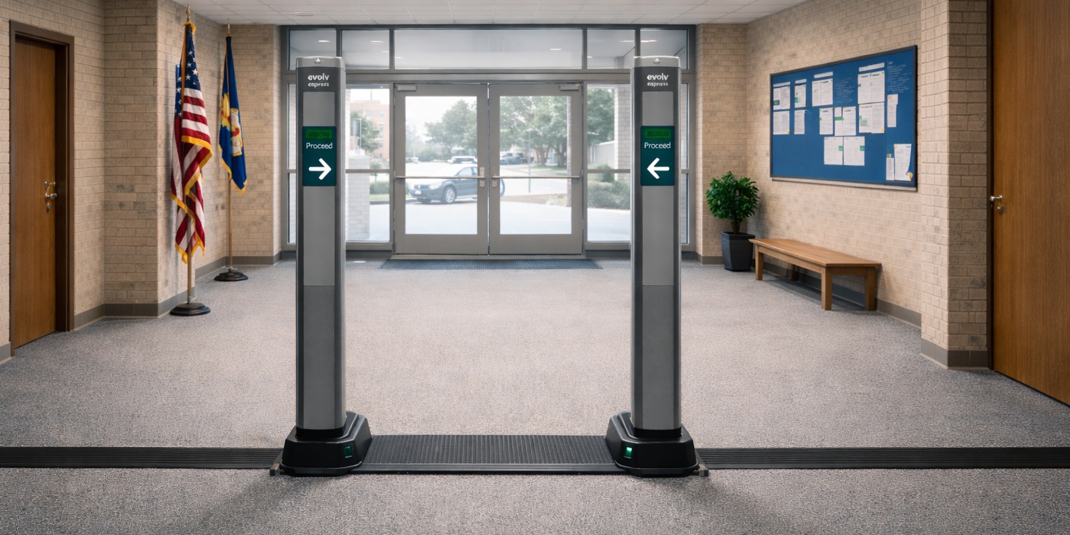 School entrance with Evolv Express security screening system for visitor and student safety.
