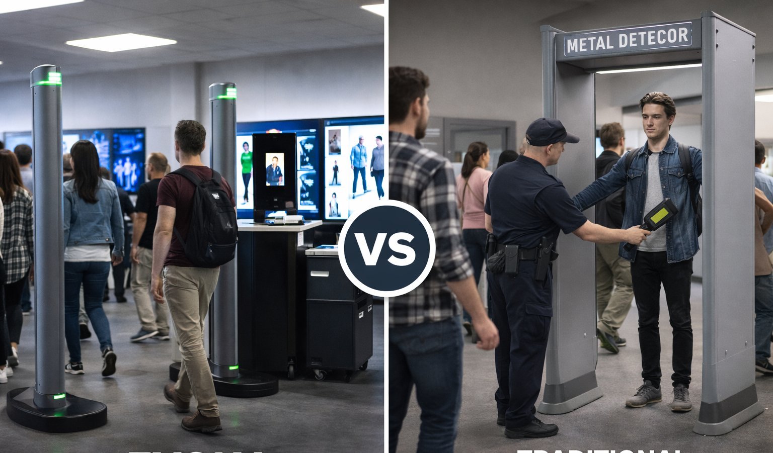“Split-screen comparison of two security screening setups: on the left, a modern open-lane screening system where people walk through without stopping; on the right, a traditional walk-through metal detector where a security guard uses a handheld wand to screen a person.