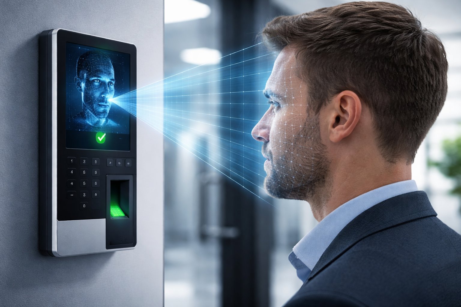 Facial recognition biometric access control system identifying authorized person for building entry.