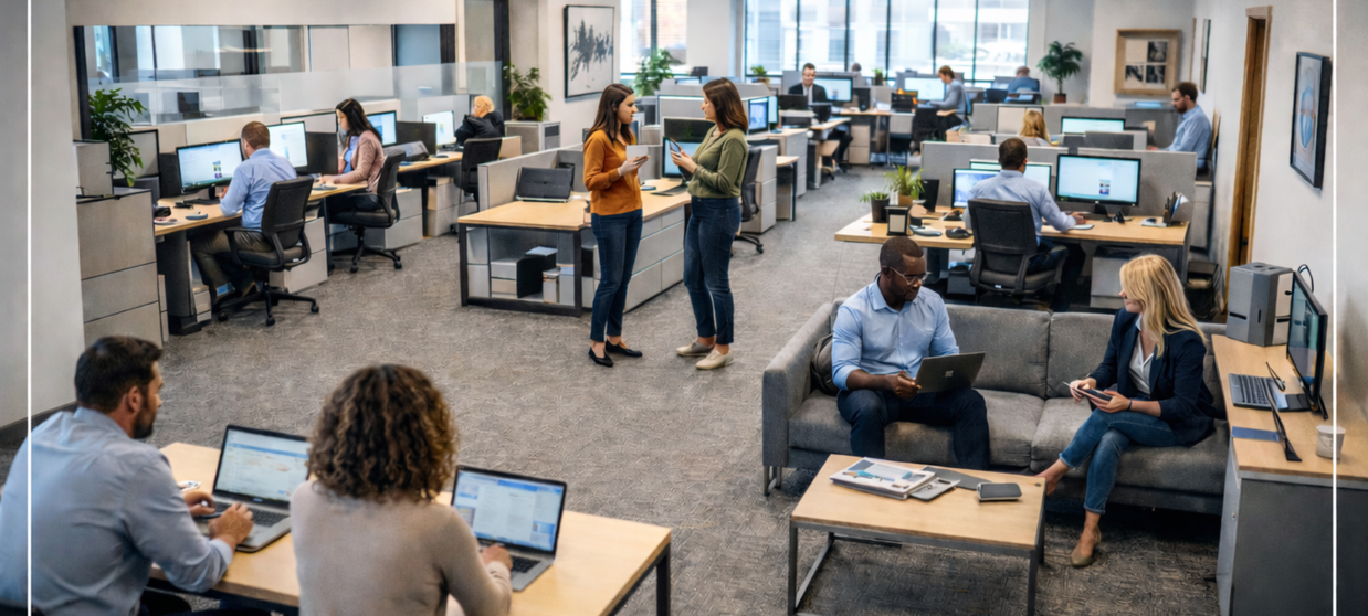 Office surveillance camera view showing employees working in open office for workplace security monitoring