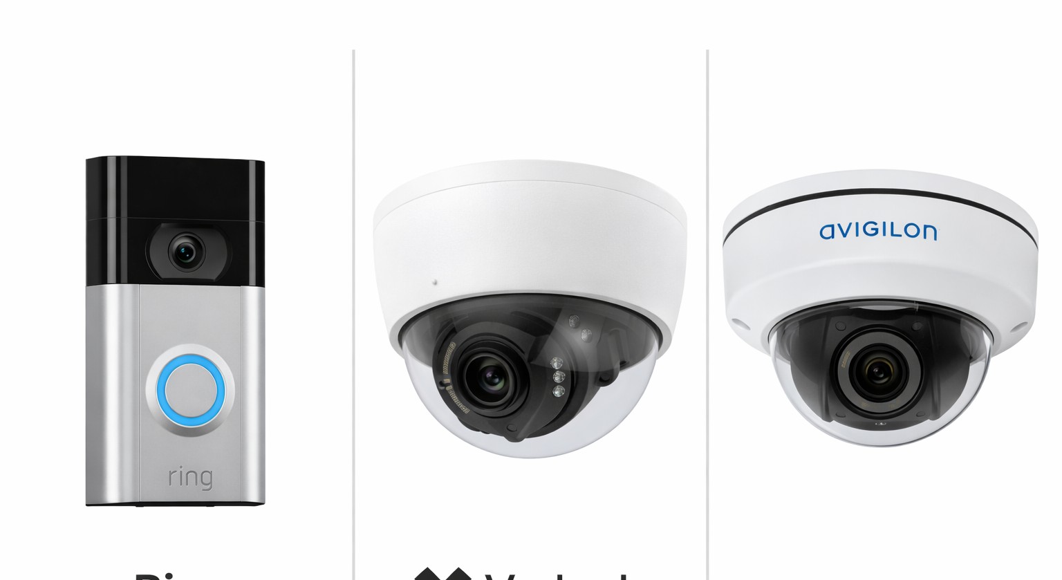 Three-panel comparison graphic showing three different security cameras side by side: a Ring doorbell-style camera on the left, a white dome-style camera in the middle, and an Avigilon dome-style camera on the right, on a clean white background.