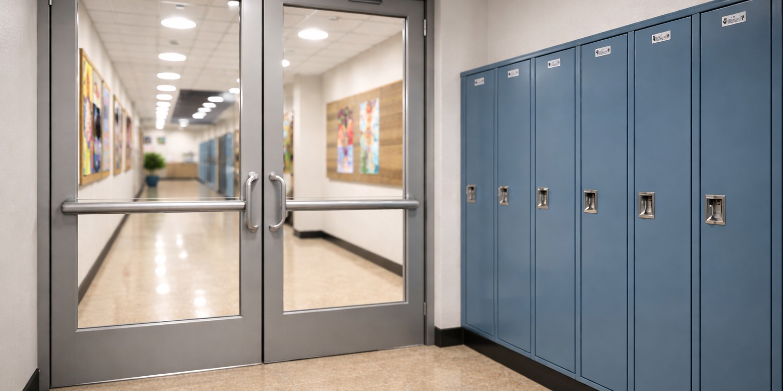 School hallway with lockers and secure double glass doors at the entrance corridor.