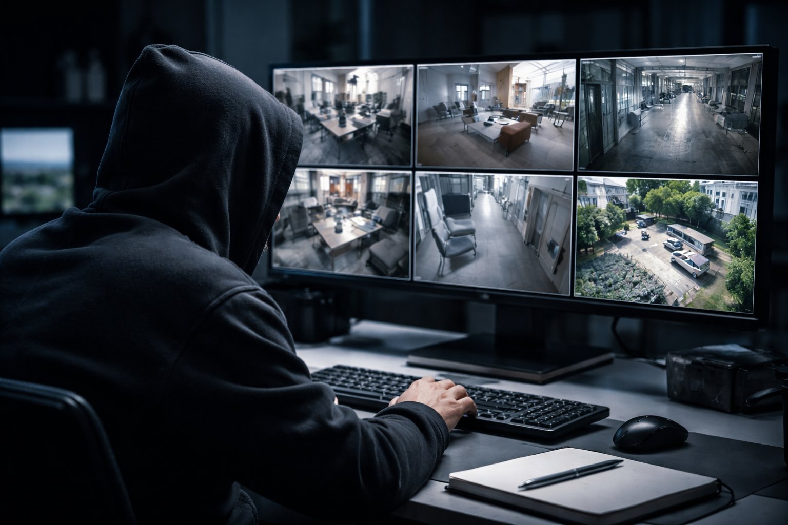 A person wearing a black hoodie sits at a desk in a dim room, watching multiple security camera feeds displayed on a large monitor showing different indoor and outdoor locations.