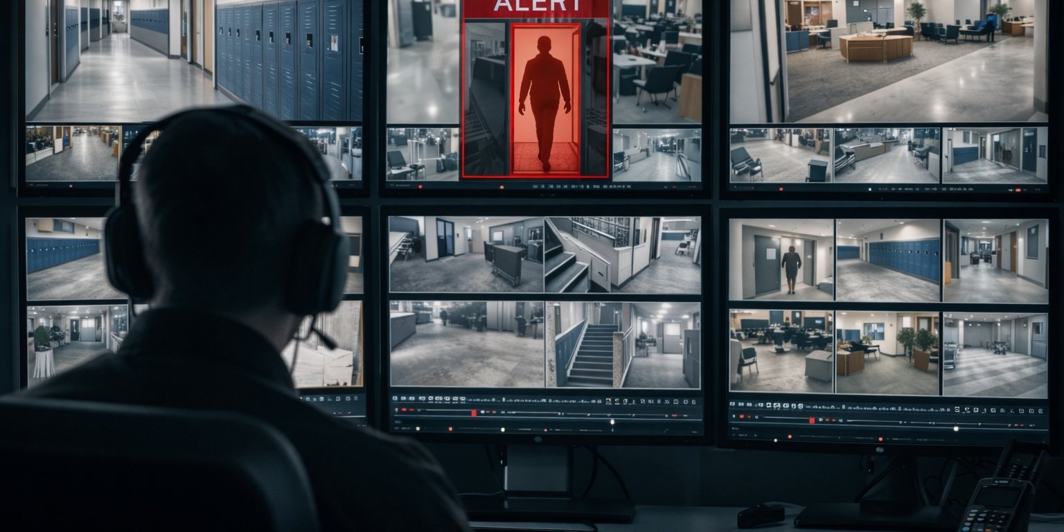Security operations center monitoring live surveillance camera feeds with alert highlighting a person in a school or office building.